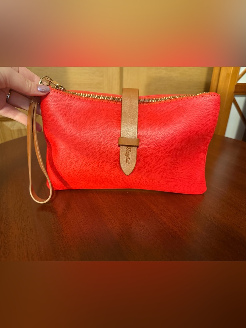 Bright Coral Leather Wristlet with Tan Strap - Made in Italy